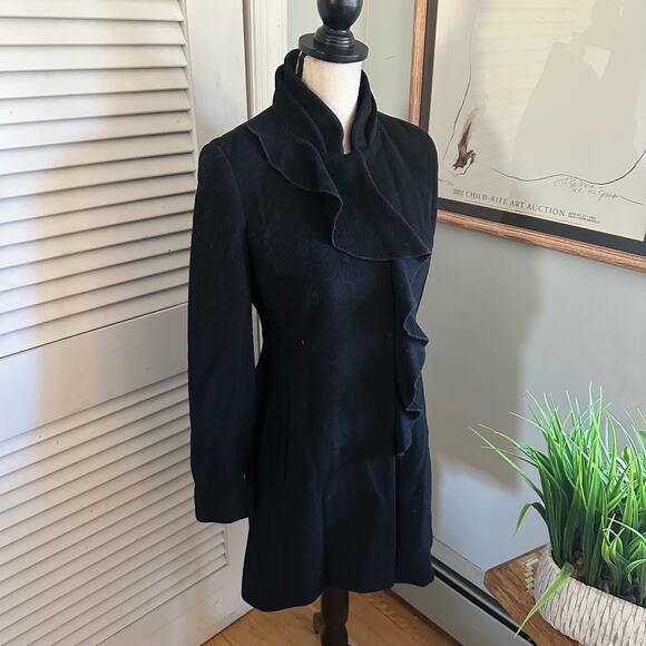 DKNY Womens Coat Wool Ruffle Front Wool Blend Knee Length Winter Whimsigoth | 2P - Picture 5 of 16